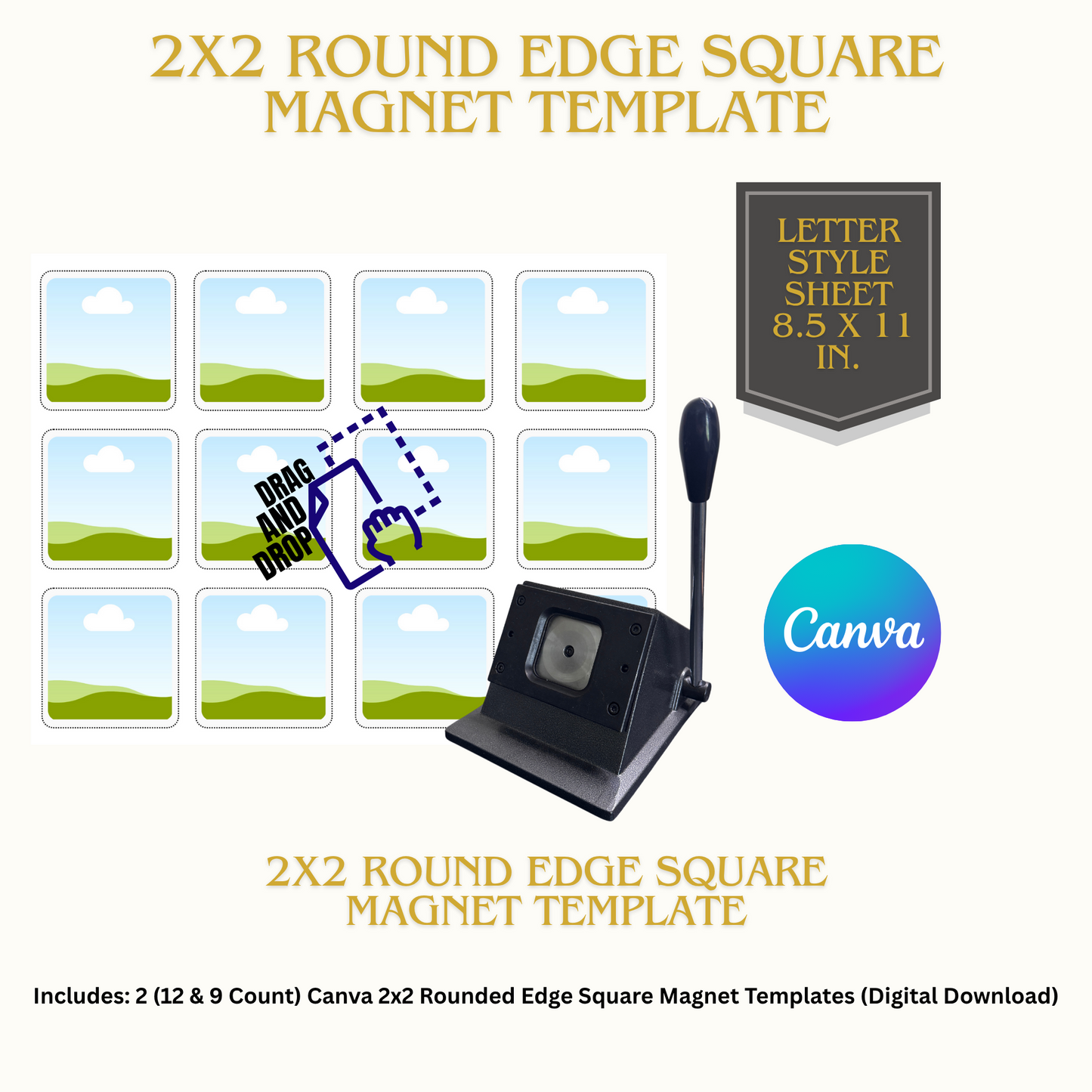 2x2 (50x50mm Round Edge) Rounded Edge Square Magnet Template (Rounded Edge Square Face Die Cutter)
